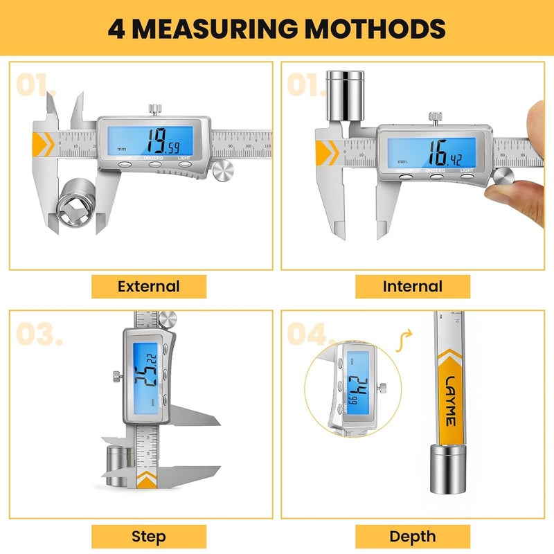 LAYME Digital Caliper, Rechargeable Caliper Measuring Tool with Backlight LCD Screen,Vernier Dial Caliper Stainless Steel with Auto-Off Feature,Inch Metric Fraction Conversion, for Jewelers/Woodworkers/DIY - Image 3